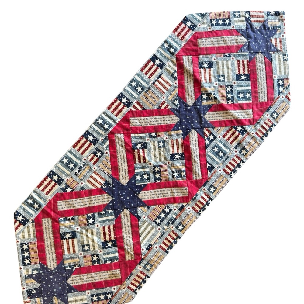 Handmade Quilt Table Runner Patriotic Two Sided Stars Quote 14” X 41”